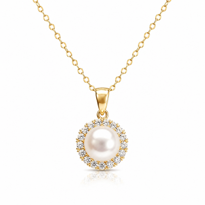 14K Yellow Gold Pearl & Diamond Halo Pendant Necklace
