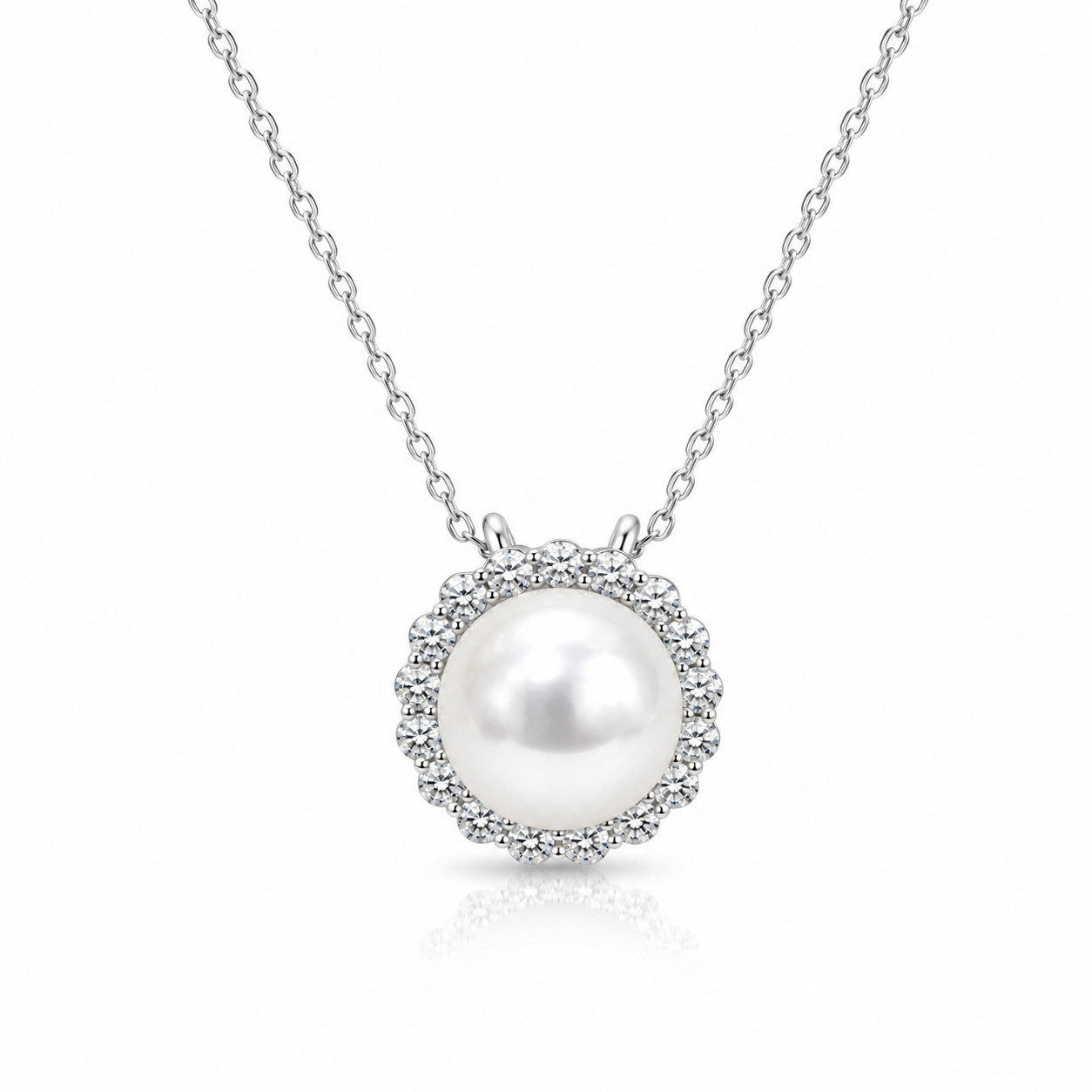14K White Gold Pearl & Diamond Halo Necklace