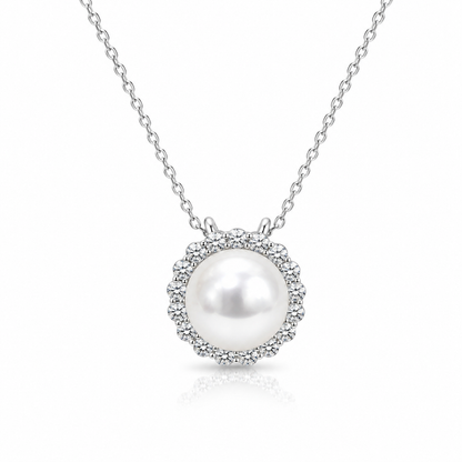 14K White Gold Pearl & Diamond Halo Necklace
