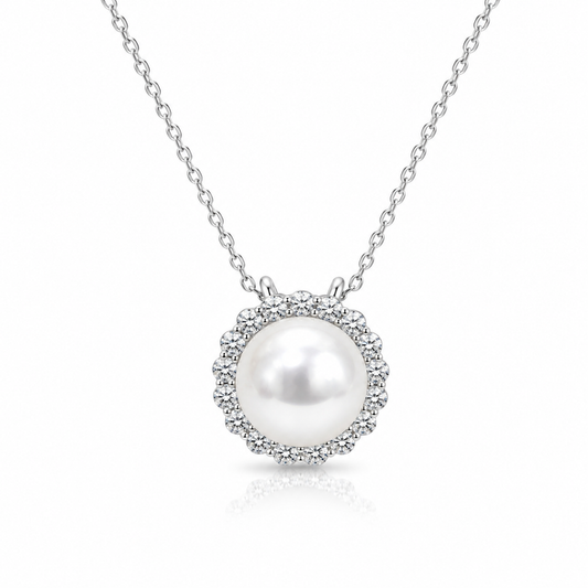 14K White Gold Pearl & Diamond Halo Necklace