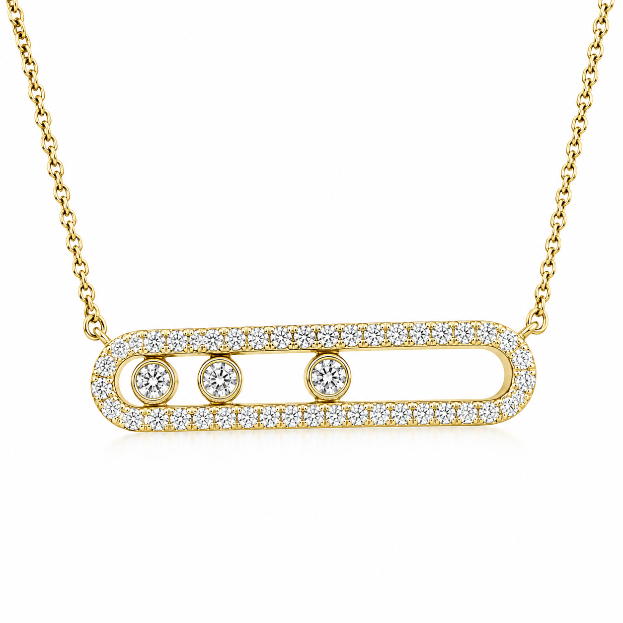 14KT Yellow Gold 3 Stone Moveable Bar Halo Necklace Pendant-1.26ctw