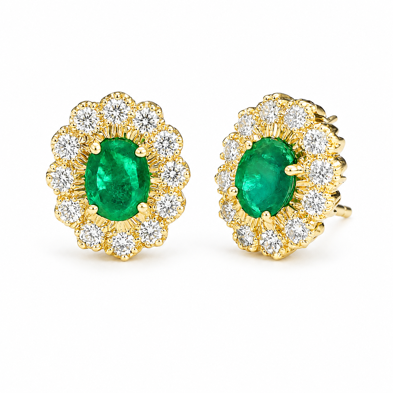 18K Yellow Gold Natural Emerald & Diamond Halo Lever Back Earrings | 4.83 CTW