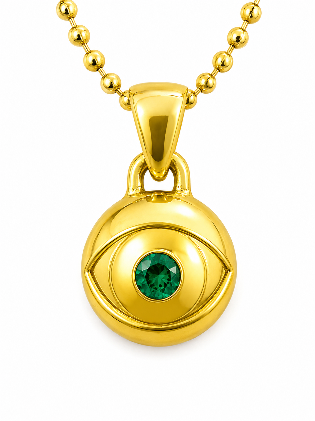 Emerald Birthstone Evil Eye Necklace – Gold Over Sterling Silver – Unisex Pendant with 18" Ball Chain