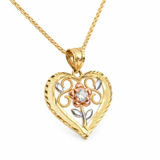 14K Yellow Gold Two-Tone Heart Flower Pendant Necklace 18" Chain 3.67g