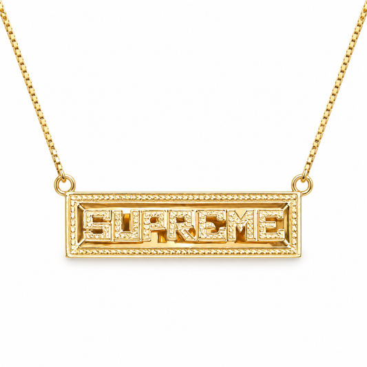 SS20 Supreme Name Plate 14K Gold Pendant + Chain Yellow Necklace Stamped Logo