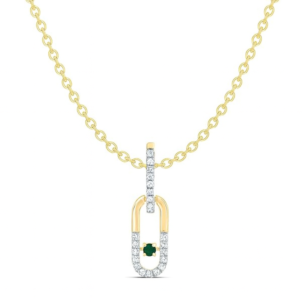 0.10ctw Diamond and 1.8MM Round Natural Emerald Paper Clip Necklace