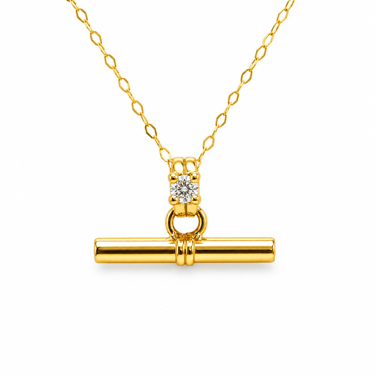 14KT Yellow Gold 20mm Bar Necklace with 0.10ctw Diamond – Celebrity Style Pendant | 18" Cable Chain