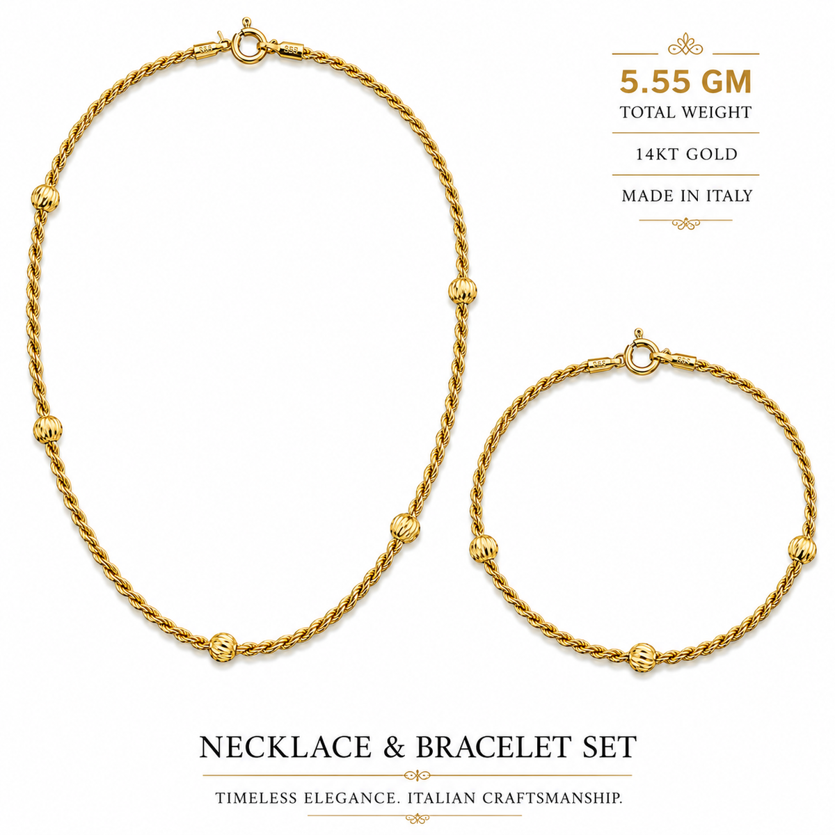 14KT Yellow Gold Italian Rope Necklace & Bracelet Set – 5.55 Grams