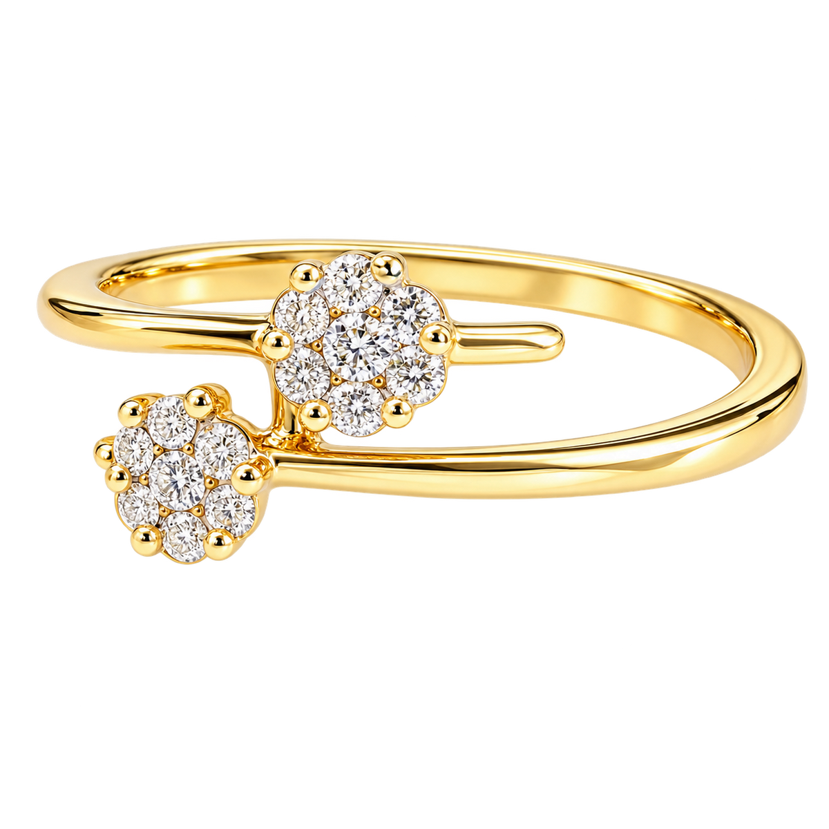 14K Yellow Gold 0.25 CTW Diamond Double Flower Bypass Ring – Size 6.5
