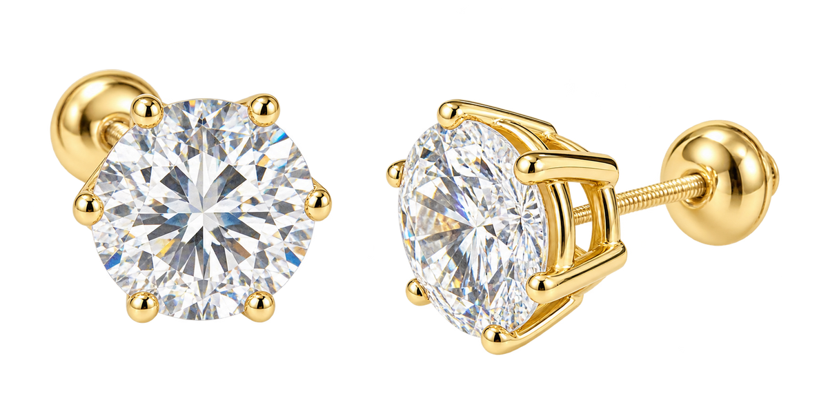 14KT Yellow Gold 6.00 CTW Round Diamond Stud Earrings – 6 Prong Basket Setting – Screw Backs
