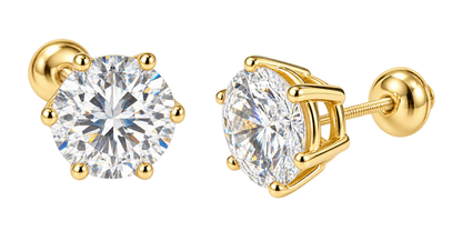 14KT Yellow Gold 6.00 CTW Round Diamond Stud Earrings – 6 Prong Basket Setting – Screw Backs