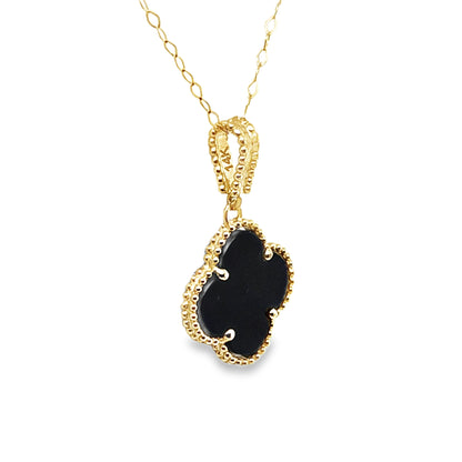 Black Onyx Clover Necklace In 14kt Yellow Gold