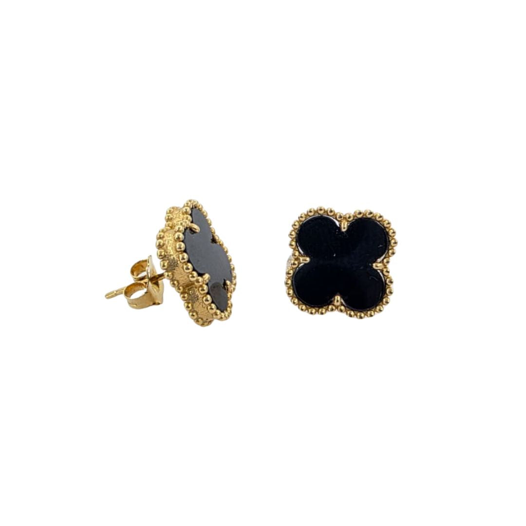 4-Leaf Clover Earrings | 18KT Yellow Gold & Black Onyx