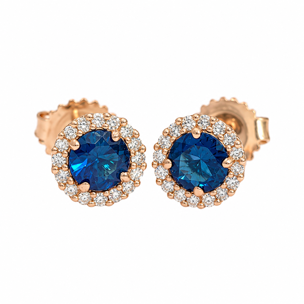 14kt Rose Gold Natural Diamond Halo Earirng with Deep Royal Blue Lab Created Sapphire