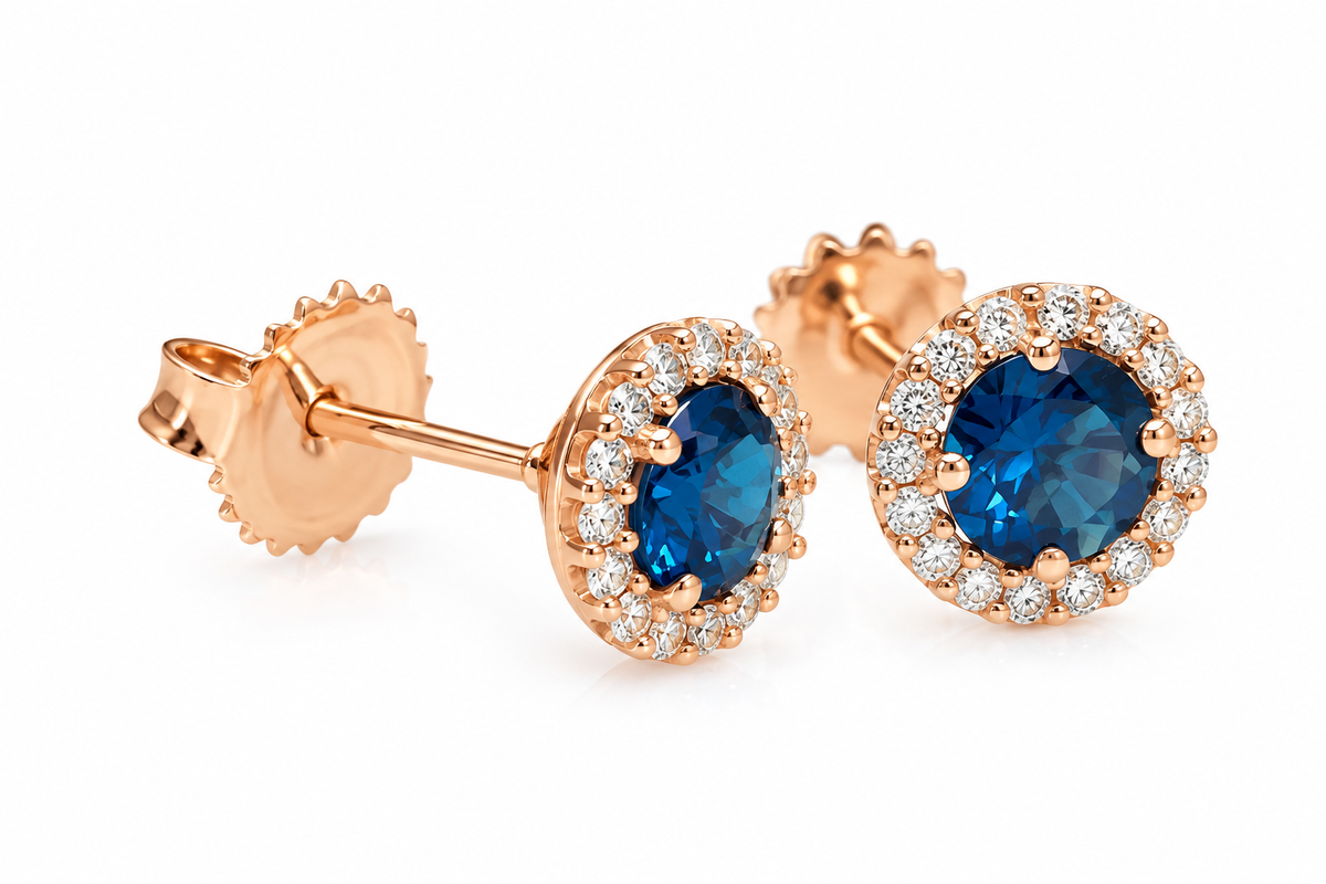 14kt Rose Gold Natural Diamond Halo Earirng with Deep Royal Blue Lab Created Sapphire