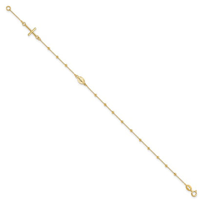 Real 14kt Yellow Gold Polished 7.5in Cross Rosary Chain Bracelet