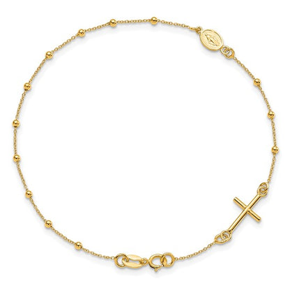 Real 14kt Yellow Gold Polished 7.5in Cross Rosary Chain Bracelet