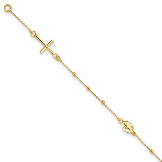 Real 14kt Yellow Gold Polished 7.5in Cross Rosary Chain Bracelet