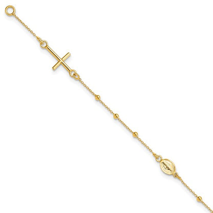 Real 14kt Yellow Gold Polished 7.5in Cross Rosary Chain Bracelet