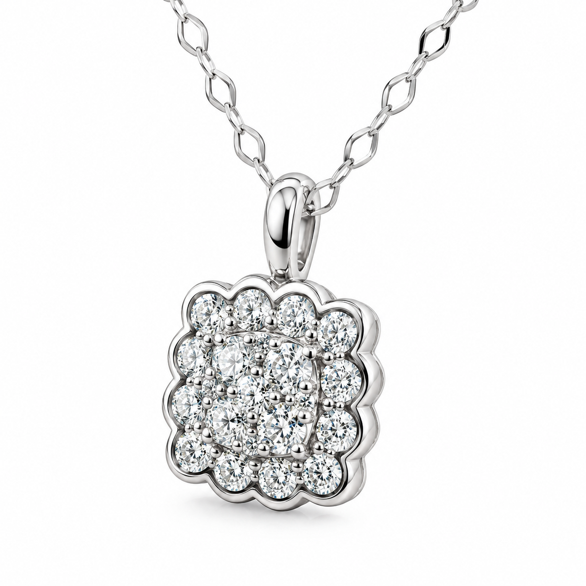 14K White Gold 0.35 CTW Natural Diamond Scalloped Halo Cluster Pendant Necklace – 18 Inch