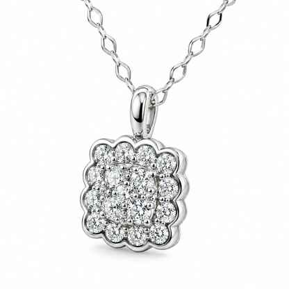 14K White Gold 0.35 CTW Natural Diamond Scalloped Halo Cluster Pendant Necklace – 18 Inch