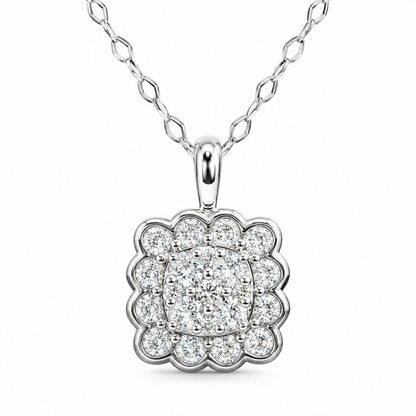 14K White Gold 0.35 CTW Natural Diamond Scalloped Halo Cluster Pendant Necklace – 18 Inch