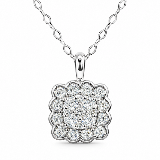 14K White Gold 0.35 CTW Natural Diamond Scalloped Halo Cluster Pendant Necklace – 18 Inch