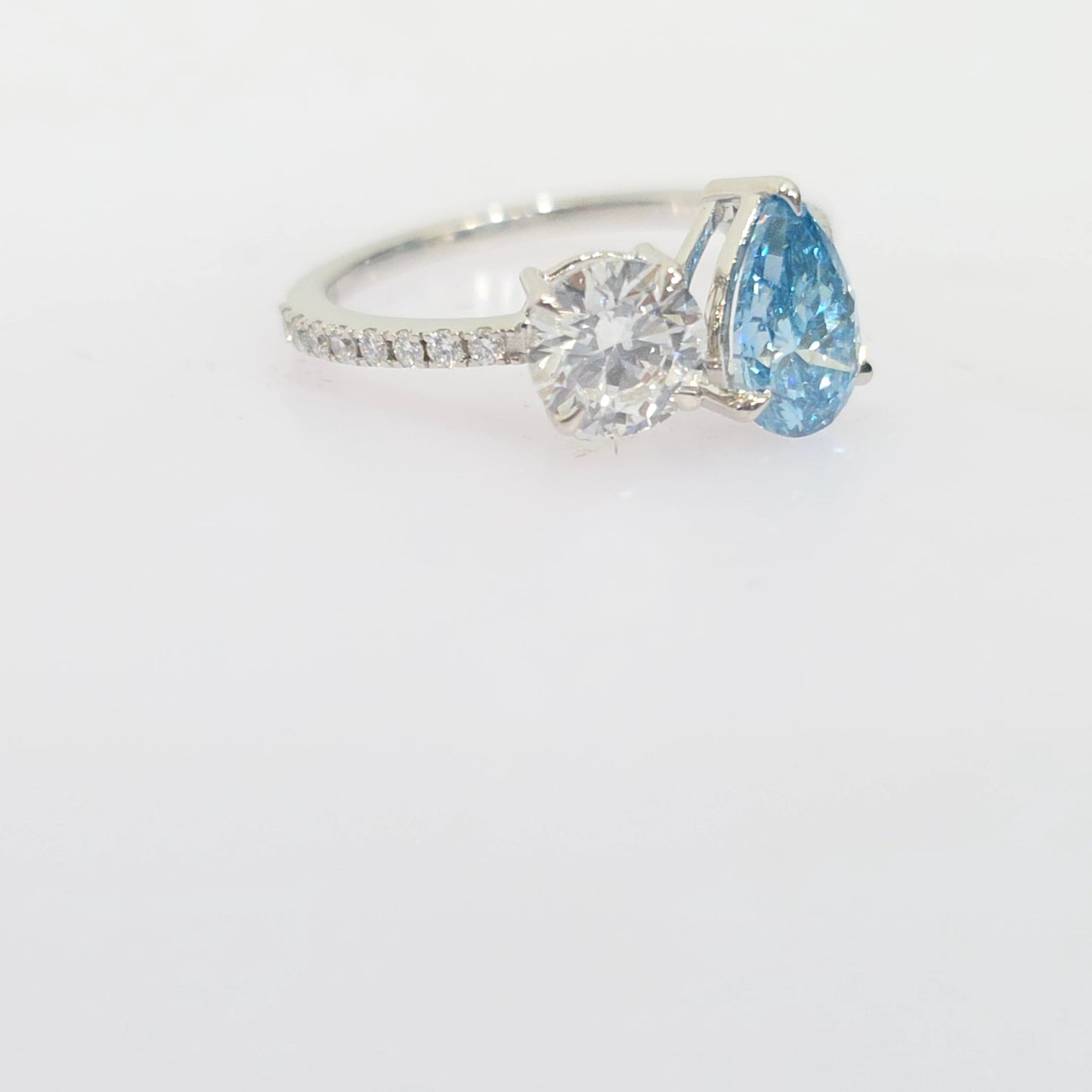 14KT White Gold Lab-Grown Blue Pear & Round Diamond Ring – 2CT Total – Size 6