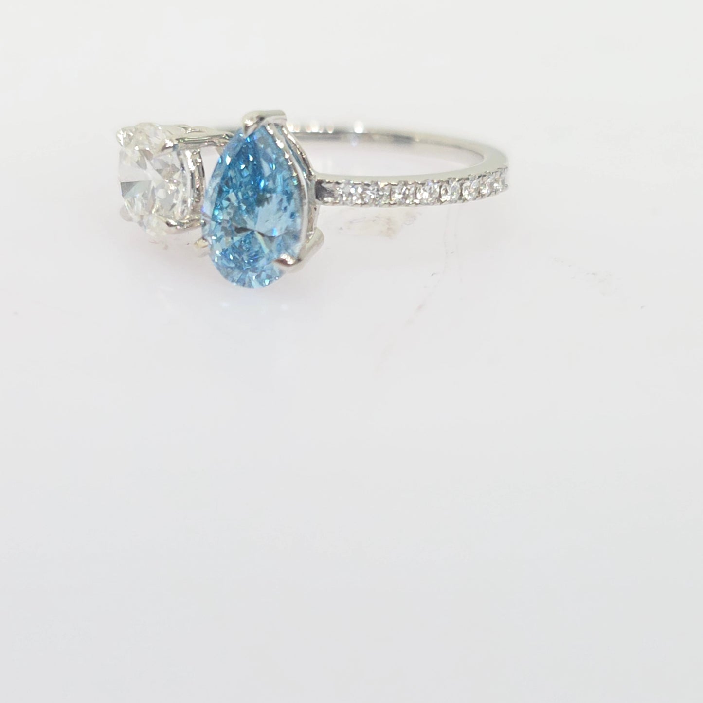14KT White Gold Lab-Grown Blue Pear & Round Diamond Ring – 2CT Total – Size 6