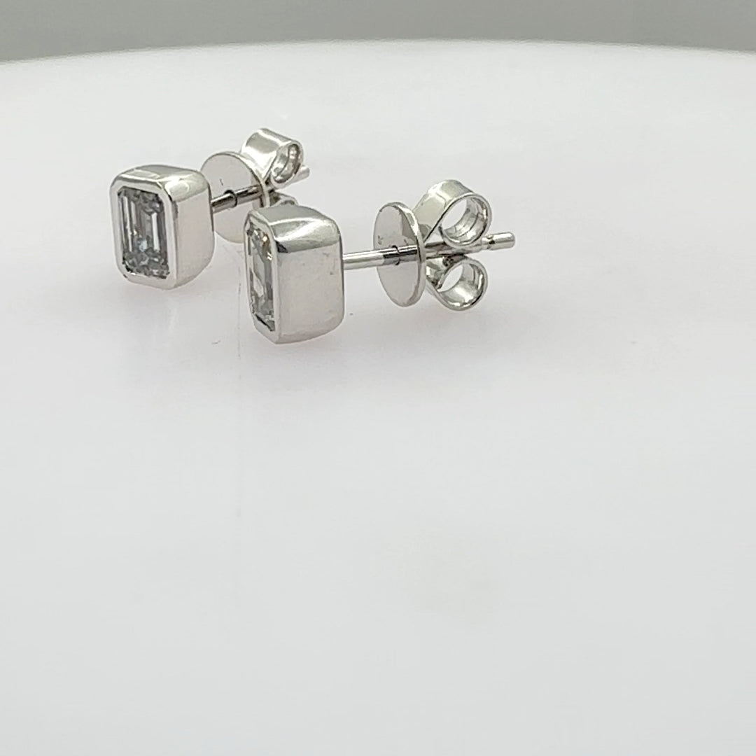 14K White Gold Lab Grown Emerald Cut Bezel Diamond Stud Earrings 0.95ctw| Bezel Setting
