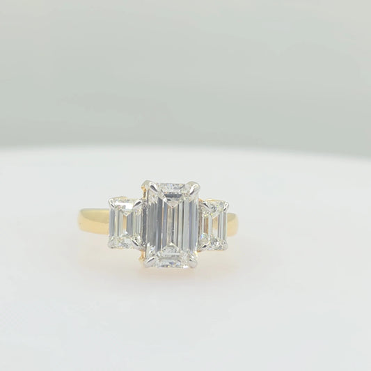 14K Yellow Gold 3 Stone Emerald Cut Lab Grown Diamond Ring 3.10ct | CVD Diamond Ring | Engagement Ring | Size 7
