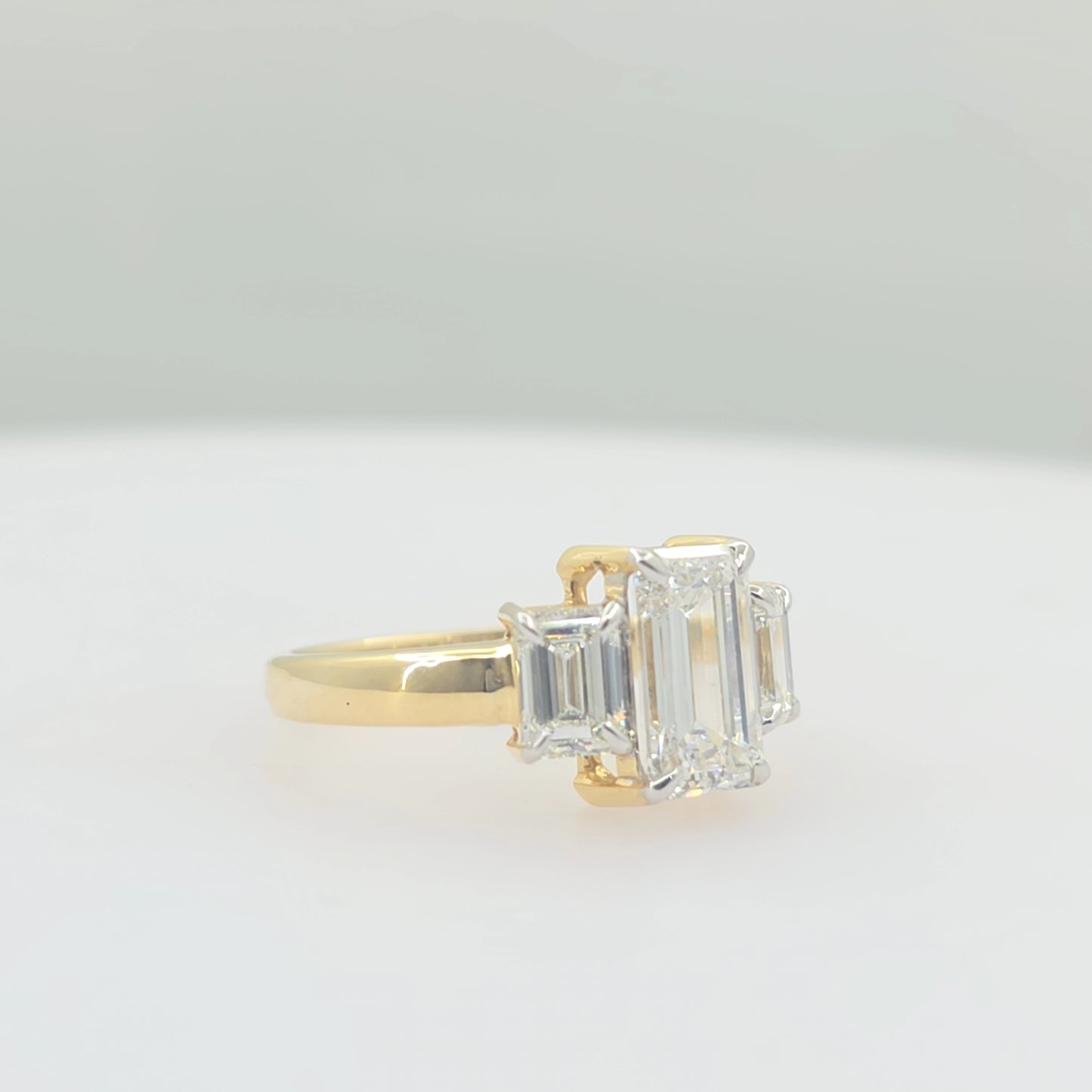 14K Yellow Gold 3 Stone Emerald Cut Lab Grown Diamond Ring 3.10ct | CVD Diamond Ring | Engagement Ring | Size 7
