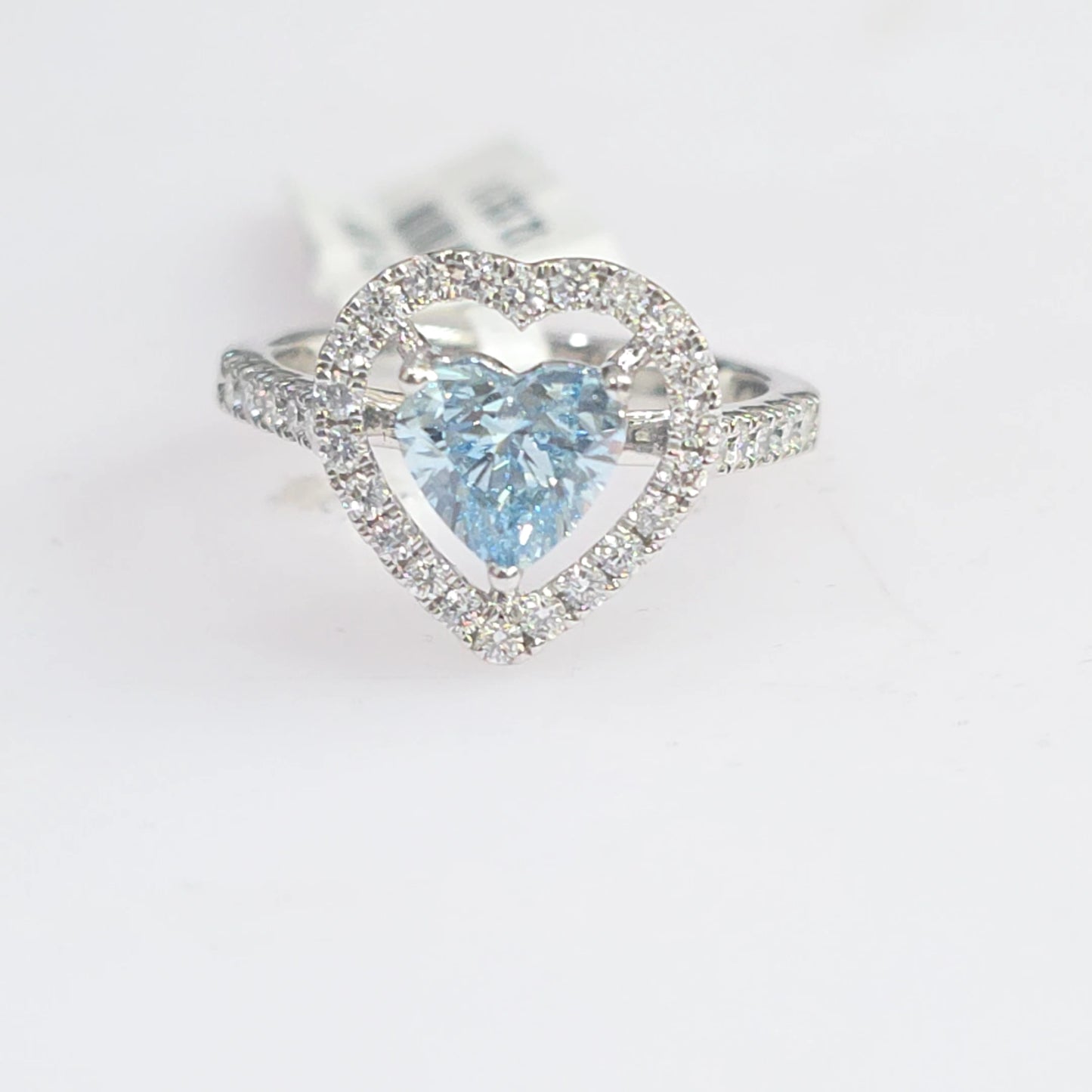14K White Gold Blue & White Lab-Grown Diamond Heart Halo Engagement Ring- size 7