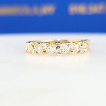14KT Yellow Gold Marquise & Round Lab Grown Diamond Band | 0.70 CTW Diamond Ring | Stackable Wedding Band | Anniversary Gift