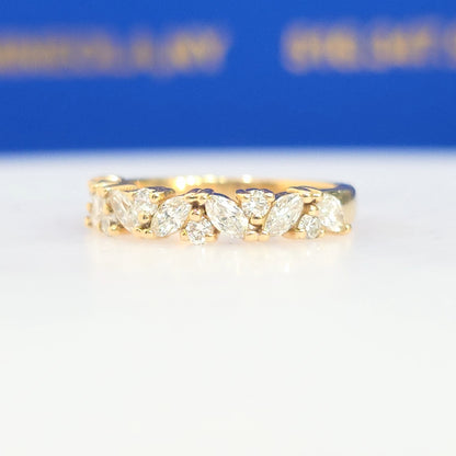 14KT Yellow Gold Marquise & Round Lab Grown Diamond Band | 0.70 CTW Diamond Ring | Stackable Wedding Band | Anniversary Gift