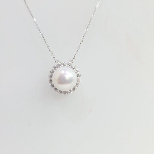 14K White Gold Pearl & Diamond Halo Necklace