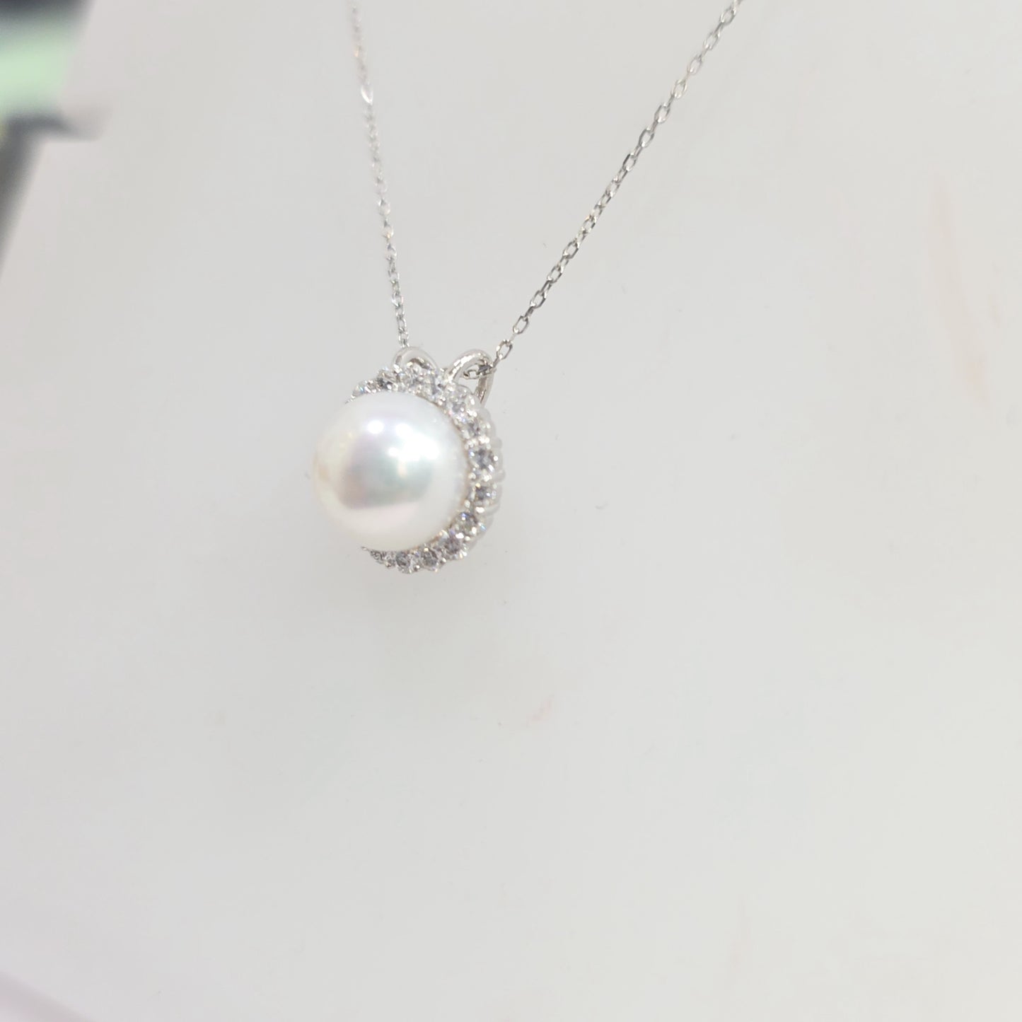 14K White Gold Pearl & Diamond Halo Necklace