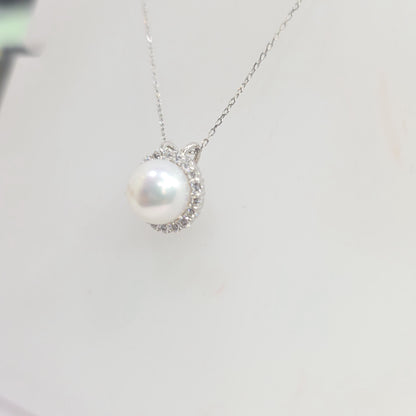 14K White Gold Pearl & Diamond Halo Necklace