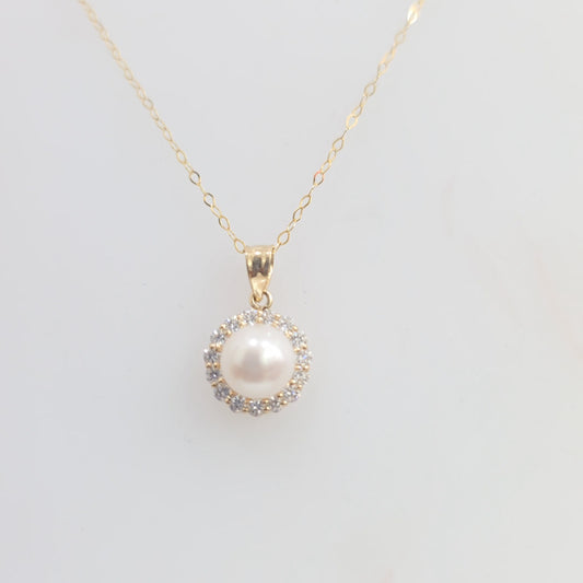 14K Yellow Gold Pearl & Diamond Halo Pendant Necklace
