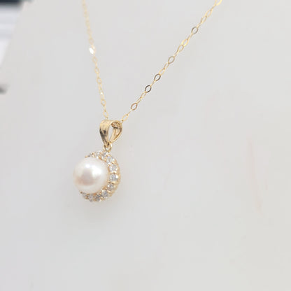 14K Yellow Gold Pearl & Diamond Halo Pendant Necklace