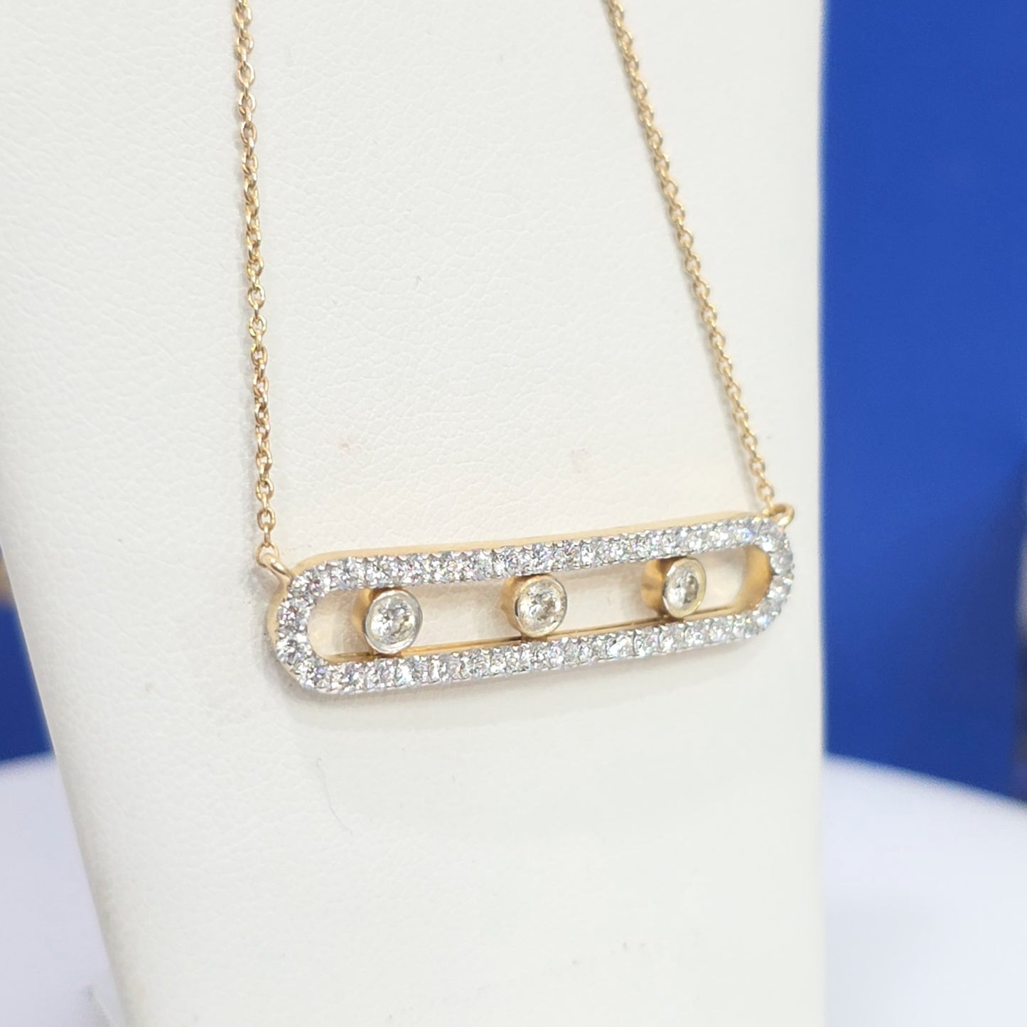14KT Yellow Gold 3 Stone Moveable Bar Halo Necklace Pendant-1.26ctw
