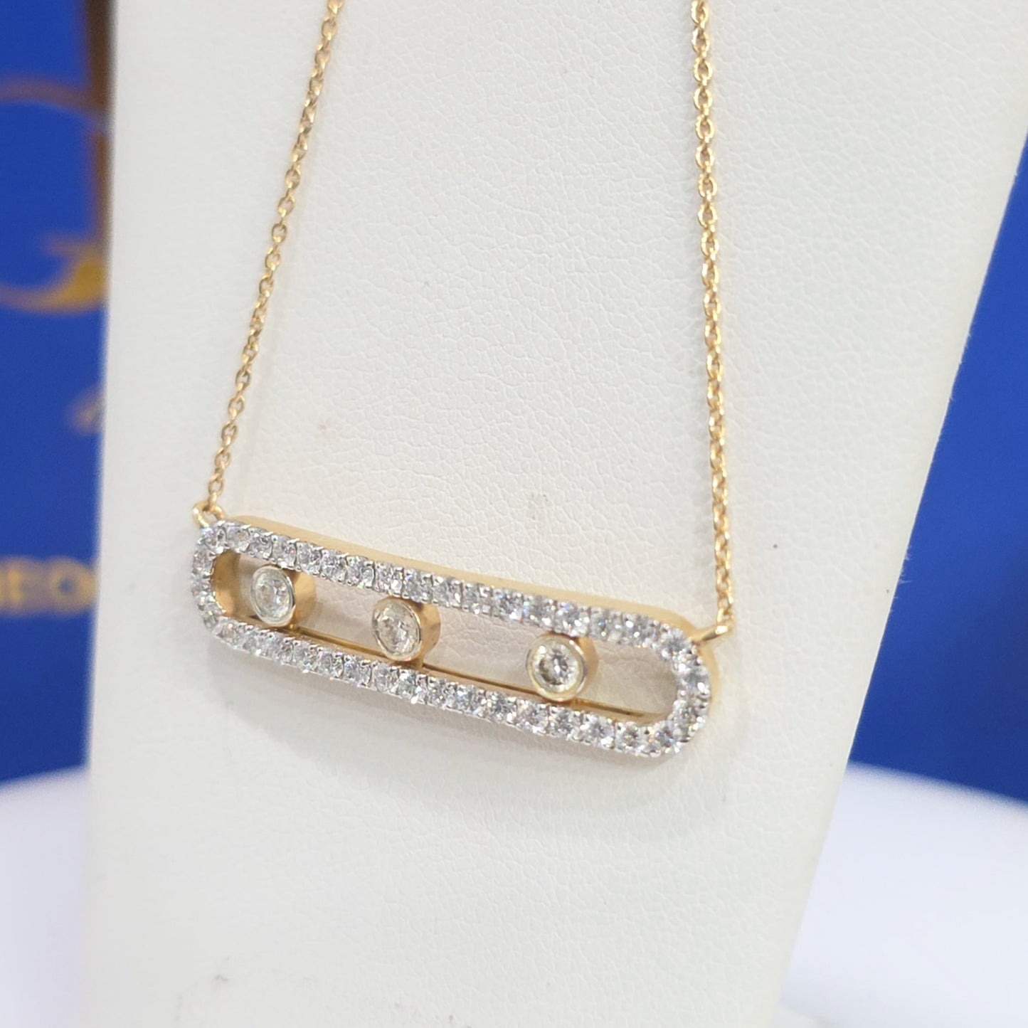 14KT Yellow Gold 3 Stone Moveable Bar Halo Necklace Pendant-1.26ctw