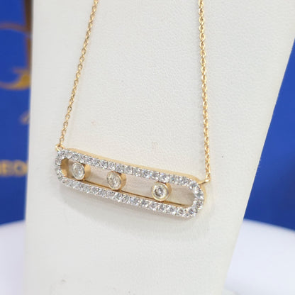 14KT Yellow Gold 3 Stone Moveable Bar Halo Necklace Pendant-1.26ctw
