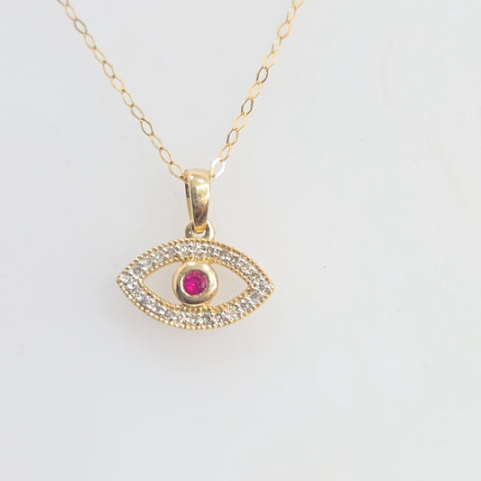 14K Solid Gold Diamond & Ruby Evil Eye Pendant Necklace