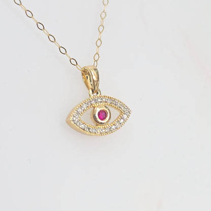 14K Solid Gold Diamond & Ruby Evil Eye Pendant Necklace