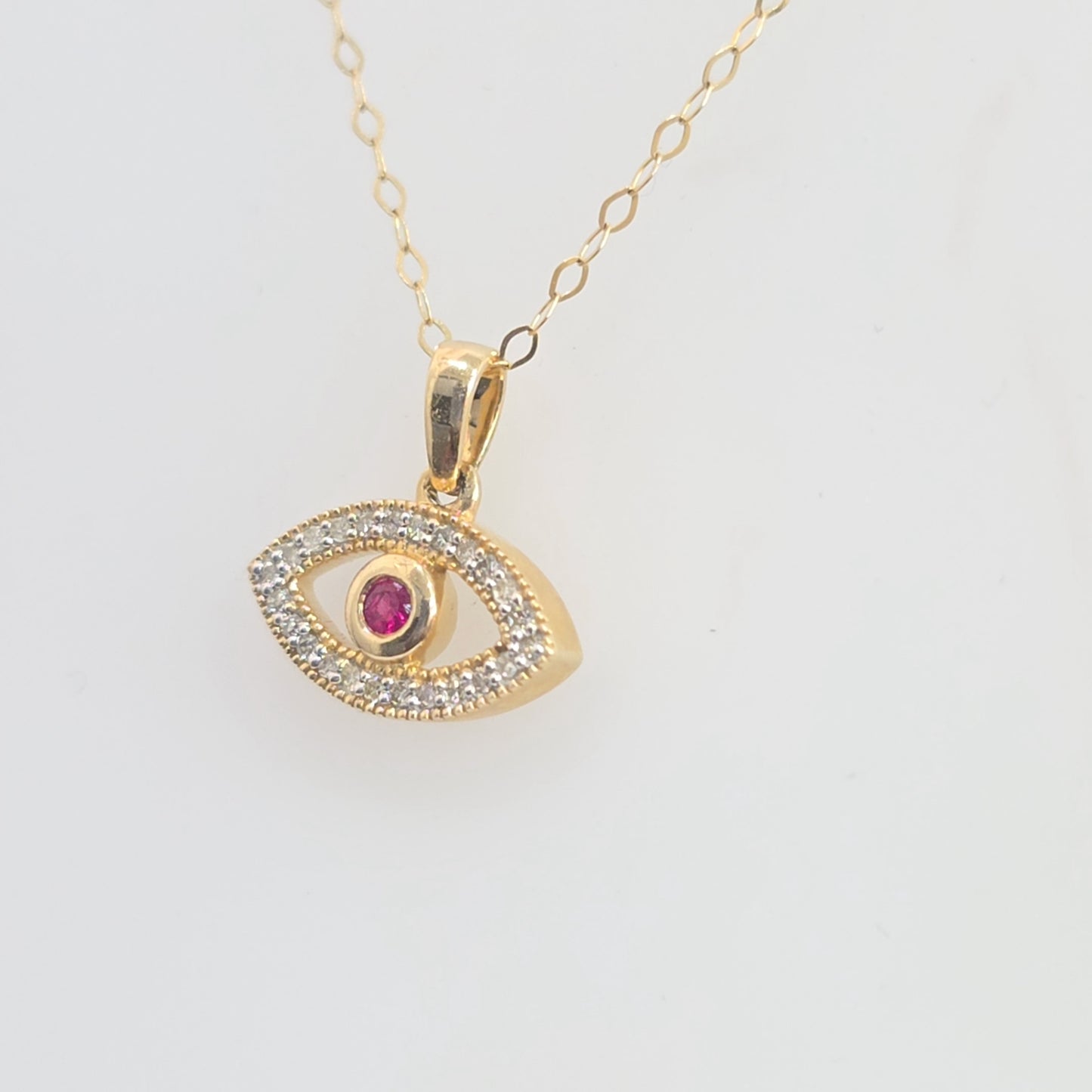 14K Solid Gold Diamond & Ruby Evil Eye Pendant Necklace