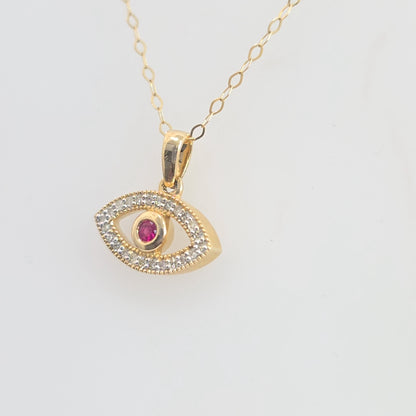 14K Solid Gold Diamond & Ruby Evil Eye Pendant Necklace