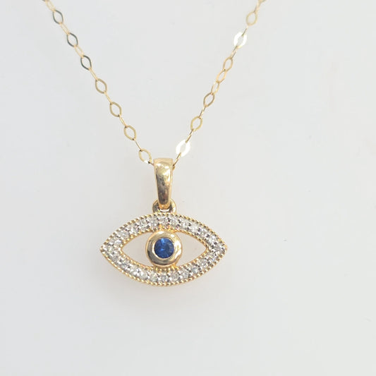 14K Yellow Gold 0.15 CTW Diamond & Blue Sapphire Evil Eye Necklace Pendant