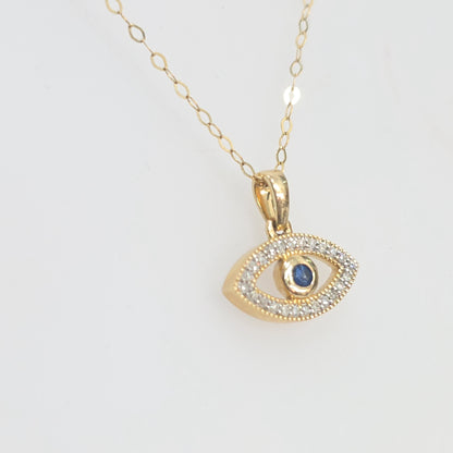 14K Yellow Gold 0.15 CTW Diamond & Blue Sapphire Evil Eye Necklace Pendant