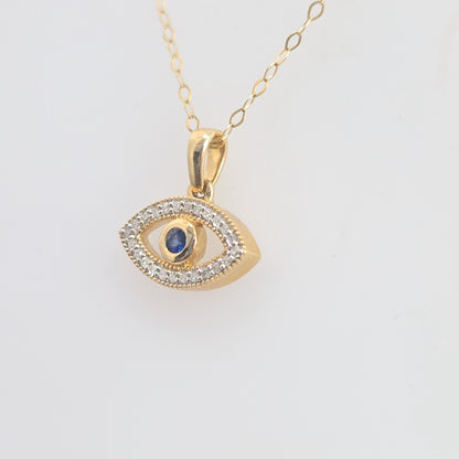14K Yellow Gold 0.15 CTW Diamond & Blue Sapphire Evil Eye Necklace Pendant